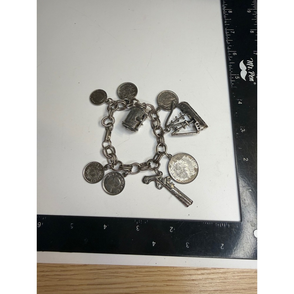 Silver Tone International Coin Charm Bracelet Treasure Chest Pistol Sailboat 7.5